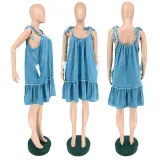 Solid Denim U Neck Adjustable Lace-Up Dress
