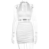 Women's halter neck lace-up hip skirt two-piece sexy navel pleated V-neck suspender skirt