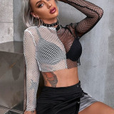 Sexy Two-Tone Paneled Mesh Long-Sleeve Slim Fit Crop Top