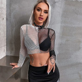 Sexy Two-Tone Paneled Mesh Long-Sleeve Slim Fit Crop Top