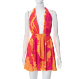Casual Printed Open-Back Crinkled Halter Short Dress