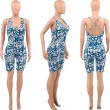 Casual Fashion Printed V-Neck Sling Backless Jumpsuit