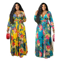 Women's Sexy V-Neck Beautifully Printed Plus Size Floor Length Dress