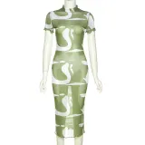Women's Fashion Round Neck Short Sleeve Sexy Mesh Perspective Slim Print Dress