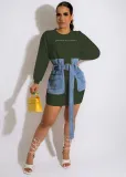Letter-embroidered lace-up denim dress
