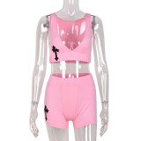 Women's two-piece set of navel-cut hollow contrasting fashion vest and shorts