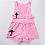 Women's two-piece set of navel-cut hollow contrasting fashion vest and shorts