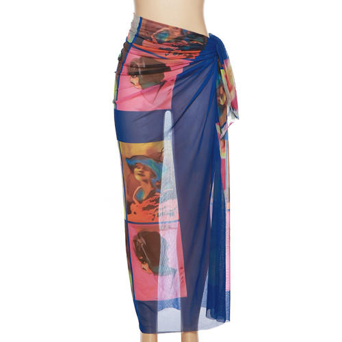 Women's Fashion Mesh Print Tie Irregular Slim Skirt