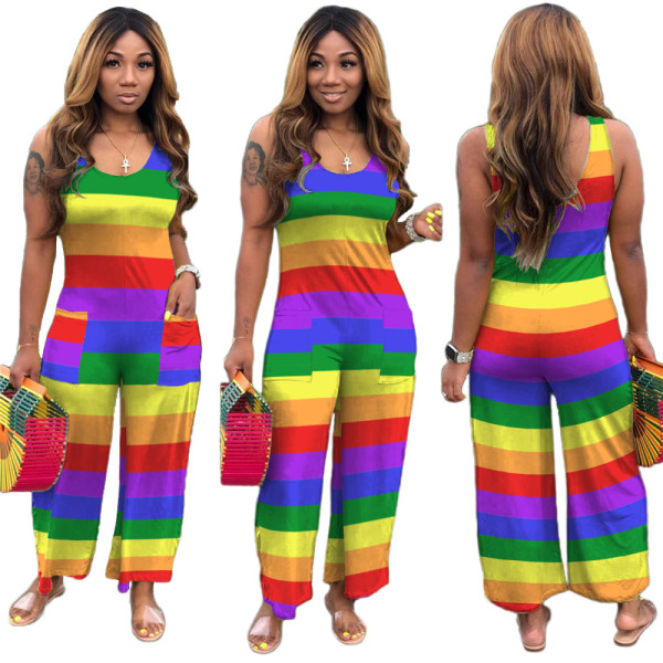 Plus Size Casual Fashion Rainbow Striped Loose Jumpsuit