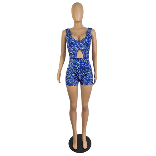 Casual Blue Printed V-Neck Sexy Backless Hip Raise Jumpsuit