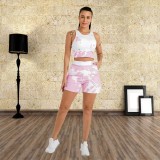 Casual Sports Comfortable Tank Top Shorts Print Set