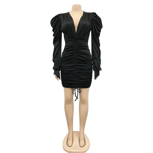 Fashion Casual Solid Color Long Sleeve Pleated V-Neck Dress