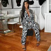 Printed Single-Breasted Lapel Loose Top Covered Hip Straight Trousers Set