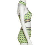 Women's Printed Sleeveless Navel-neck Round Neck Body Wrap Hip Show Thin Shorts Set