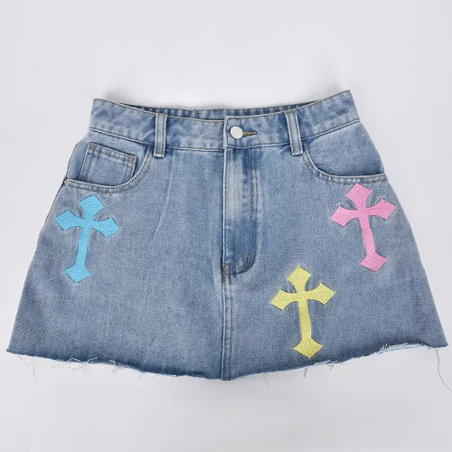 New Fashion Denim Fringe Cross Embroidery Skirt