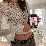 Street sexy small fresh woolen hollow sunscreen blouse hot girl exposed navel thin all-match top