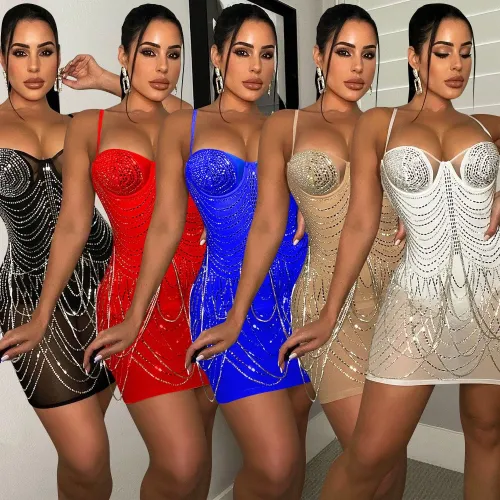 Sexy nightclub hot drill see-through suspender dress women's