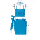Women's One-Sleeve Lace-Up Halter Vest Short Skirt Three Piece Fashion Suit