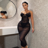 Solid color halter neck open back sexy mesh see-through dress