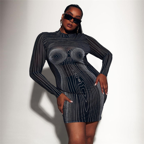 Nightclub Sexy Babes Mesh Perspective 3D Printed Striped Slim Dress
