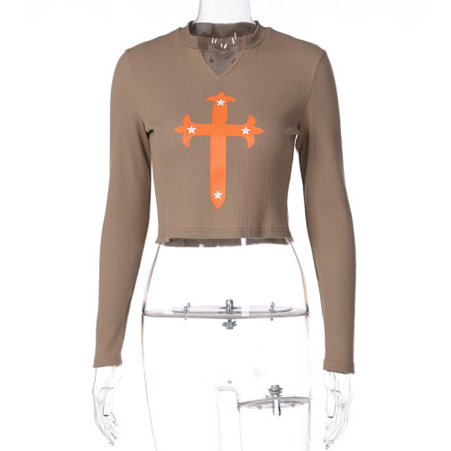 Cross Print Top Long Sleeve V-Neck Slim Fit Versatile T-Shirt