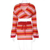 Long Sleeve Striped Knit Sweater Skirt Fashion Casual Set
