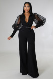 V-neck mesh puff sleeves temperament personality women's loose flared jumpsuit
