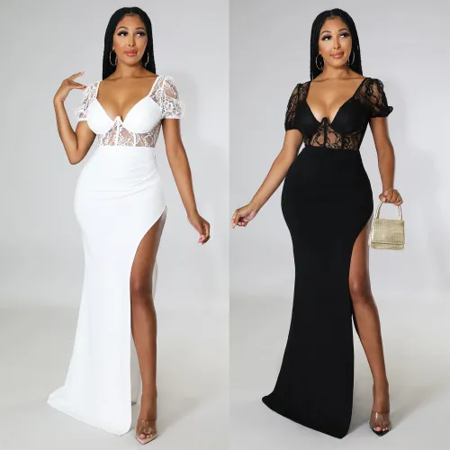 Fashion sexy lace ladies slit long dress