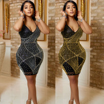 Women's Sexy V-Neck Backless Nightclub Hot Diamond Dress