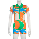 Colorblock Print Colorblock Polo Neck Buttoned Casual Short Sleeve Jumpsuit