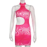 Cutout Ripple Print Halter Irregular Fitted Dress