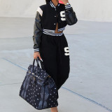 Fashion letter contrast color stitching PU leather baseball jacket