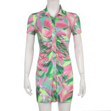 Fashion Women Summer Colorful Print Lapel Breasted Pleated Short Sleeve Shirt Skirt