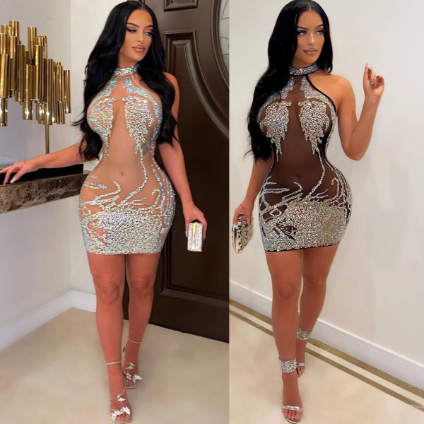 Sexy tight-fitting mesh hot drill see-through nightclub ladies dress