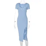 Square Neck Cutout Short Sleeve Slit Dress