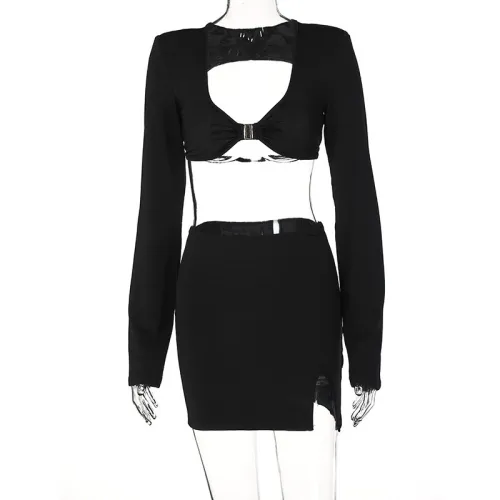 Long Sleeve Cutout T-Shirt Irregular Skirt Two Piece Fashion Set