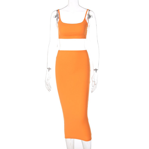 Solid Color Sling Wrap Midi Dress Two-Piece Set