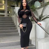 Crew Neck Mesh Panel Long Sleeve Midi Bodysuit