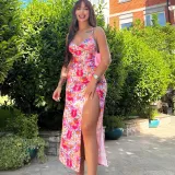 Digital Print V-Neck Sling Mid Length Slit Dress