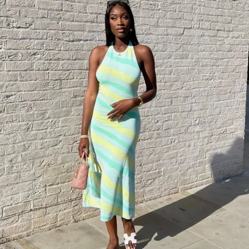 Round neck halterneck open back digital print midi dress