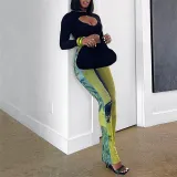 Sexy Perspective Mesh Print Breathable High Waist Hip Raise Thin Casual Pants