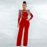 Fashion Sexy Casual Slim High Neck Perspective Hot Drill Tassel Jumpsuit