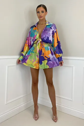 Printed Cardigan Top Casual Shorts Two Piece Set