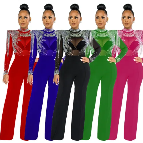 Fashion Sexy Casual Slim High Neck Perspective Hot Drill Tassel Jumpsuit
