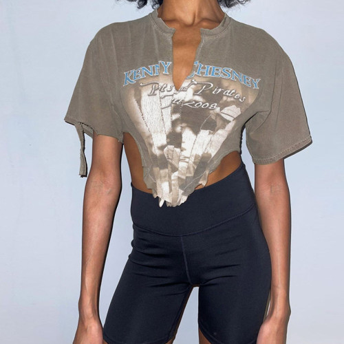 Digital printing irregular low-cut street hipster slim casual top