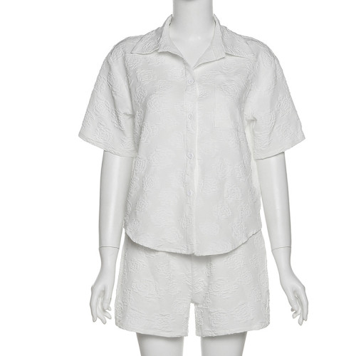 Fashion Short Sleeve Lapel Single Breasted Cardigan T-Shirt Casual Shorts Set