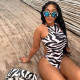 Women's sexy halter neck backless zebra pattern high waist street shooting printed hip one-piece top