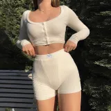 Basic Casual U-Neck Open Button Shorts Suit High Waist Stretch Long Sleeve Two Piece Set