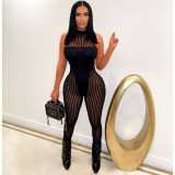 Solid Color Mesh Panel Sexy Perspective Slim Bodysuit