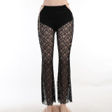 Metal chain lace see through flared pants sexy temperament trousers